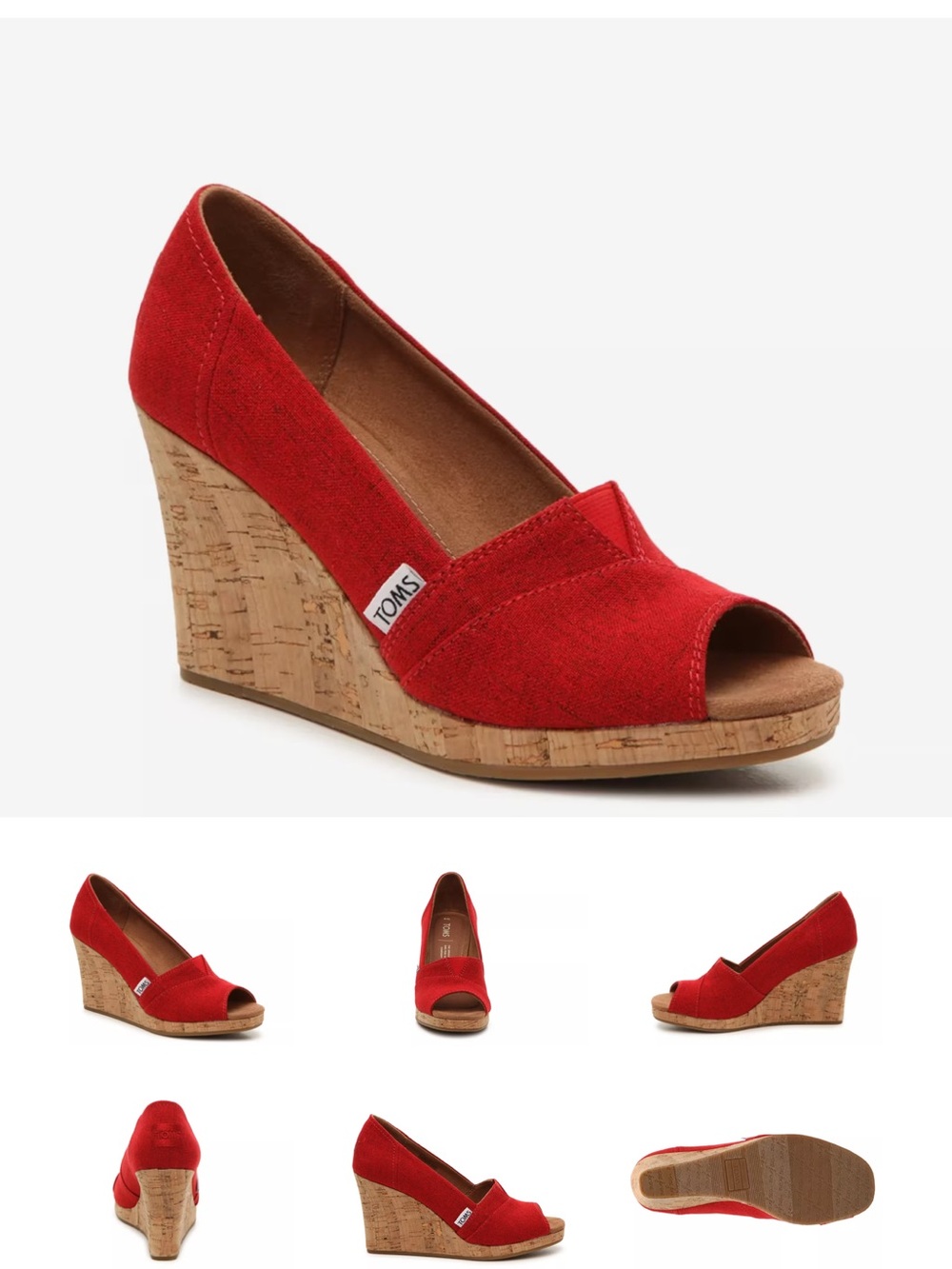 TOMS Red Suede Peep-Toe Cork Wedge Heels in box